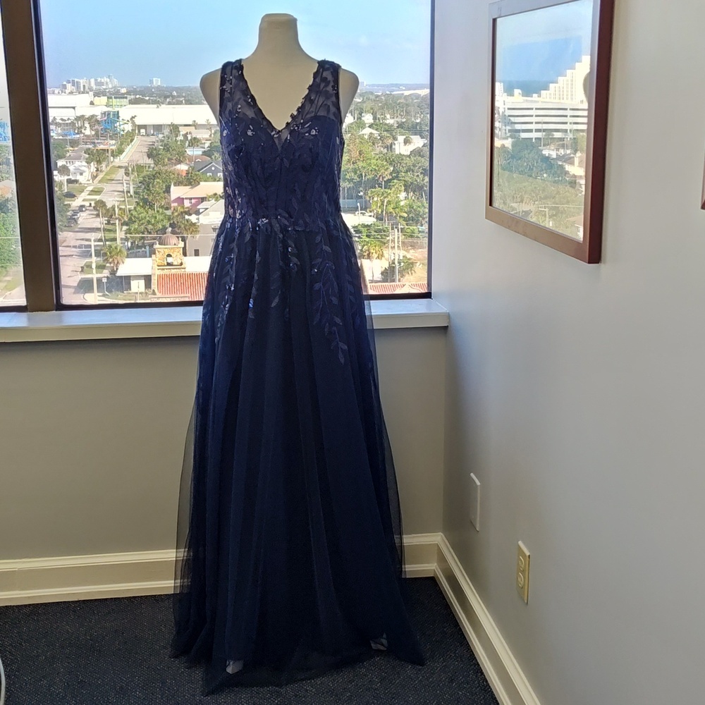JJ's House Dark Navy NAZILA Sequined Formal Evening Gown Prom Bridesmaid Dress